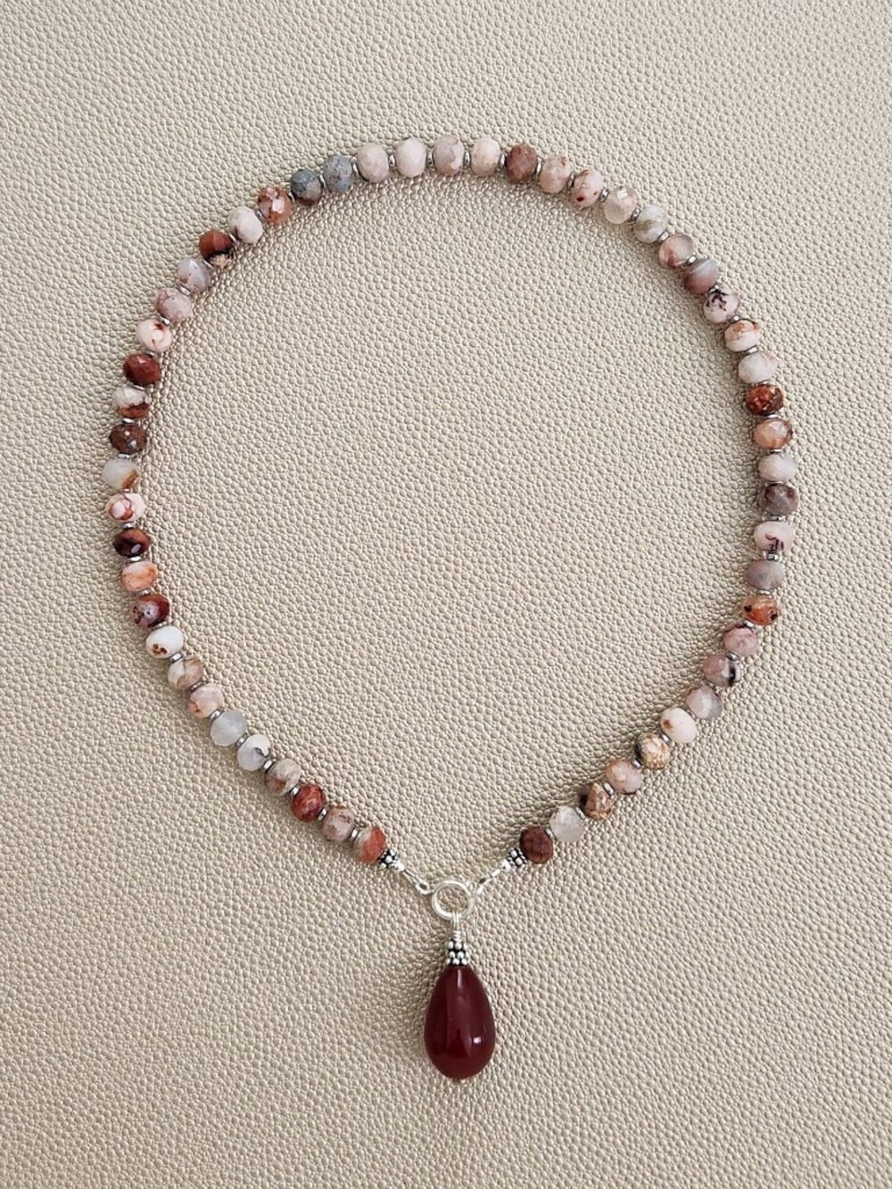 SAKURA AGATE NECKLACE W/ CARNELIAN DROP--16"